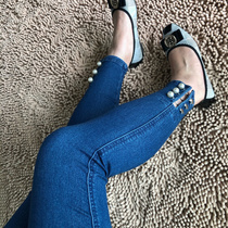 2022 Spring and Autumn C Jiake supplies elastic denim bottoming nine-point pants high waist womens detachable star pearl slit pants