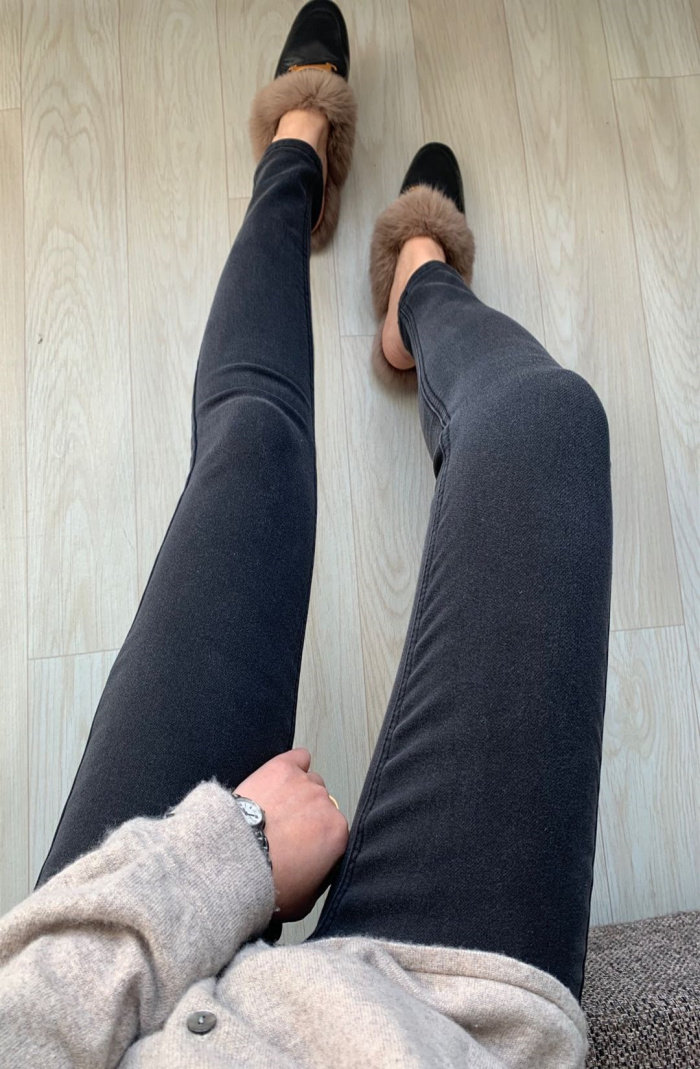 C family style autumn and winter volcanic rock warm plus velvet black gray high-waisted jeans stretch belly thin feet boots pants women