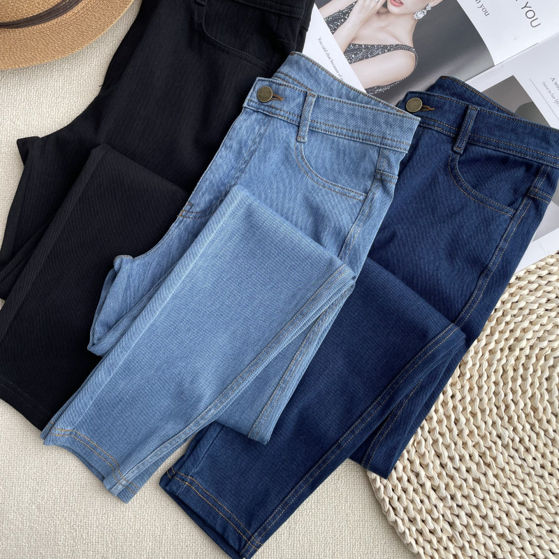 Soft and thin spring summer Italy C home High play slim 100 lap high waist 9 Sub-bottom outside wearing denim smoke pipe pants woman
