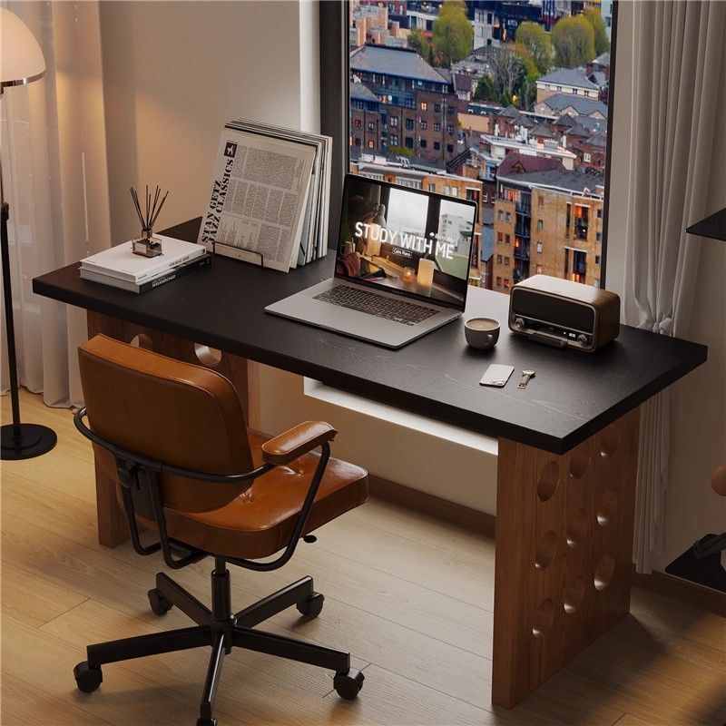 Solid Wood Desk with Perforated Legs, Color-Blocked Office Desk, Modern Long Computer Desk, Study Desk by the Window, Small Apartment Workstation
