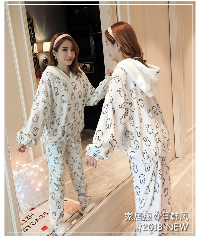 Bộ đồ ngủ nữ mùa đông san hô nhung dày ấm áp Học sinh Hàn Quốc flannel mùa thu và mùa đông có thể mặc bên ngoài quần áo phù hợp