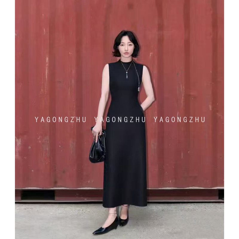 【Bai Baihe Style】Yagongzhu Sleeveless Tank Dress, Waist-Cinching A-Line Skirt, Black Long Dress for Summer