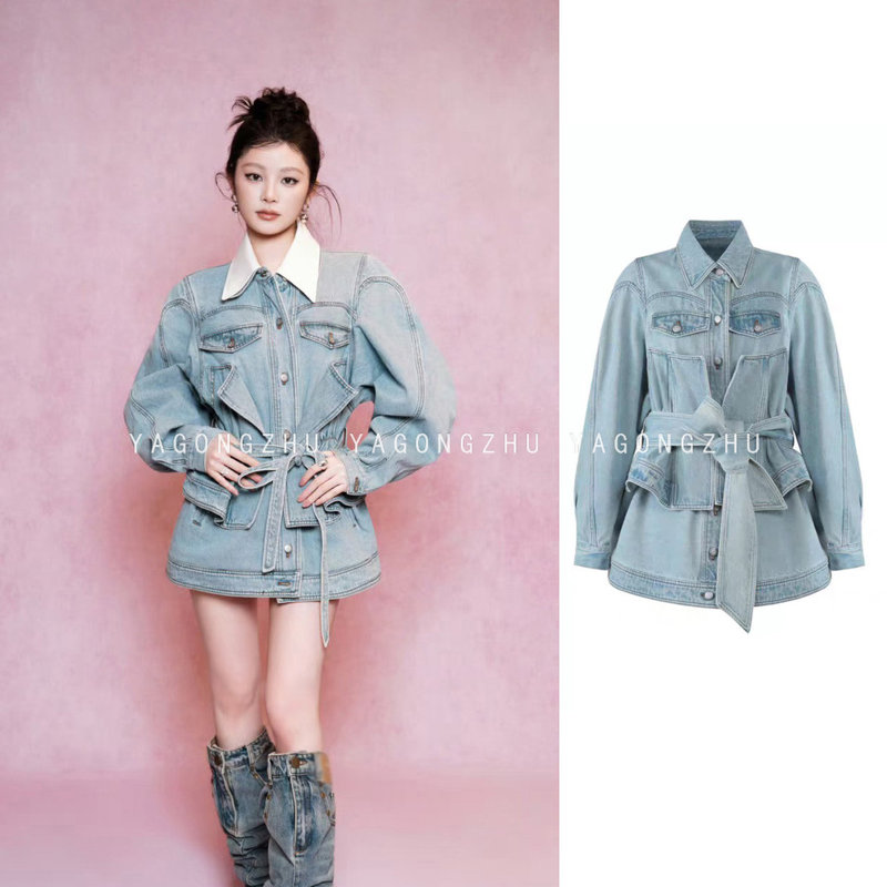 [Same Style as Yao Xiaotang] Yagongzhu Denim Jacket for Women, Petite Size, Fake Two-Piece, Blue Mid-Length Jacket