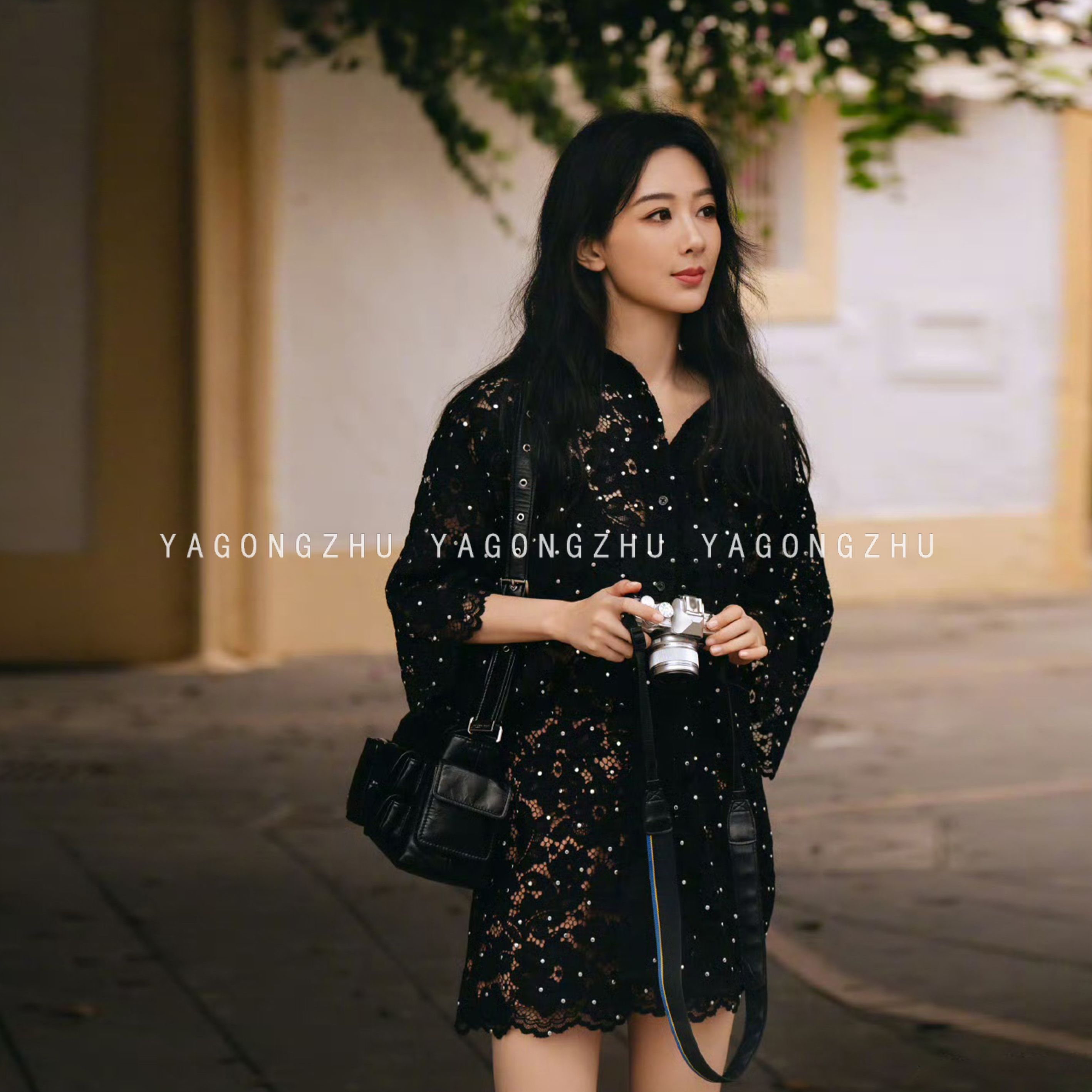 【楊子同風】YAGONGZHU ブラックレースワンピース 小紋柄リベットスカートスーツ