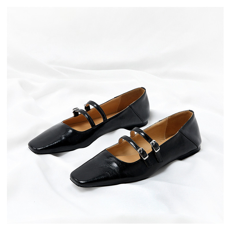 Lawn Mower-Style Mary Jane Shoes with Flat Square Toe, Genuine Leather, French Retro Buckle Single Shoes for Women, Can Be Worn with Heels