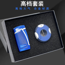 Zinc alloy electroplated direct windproof cigar lighter round cigar scissors V-shaped high-end 2-piece gift set
