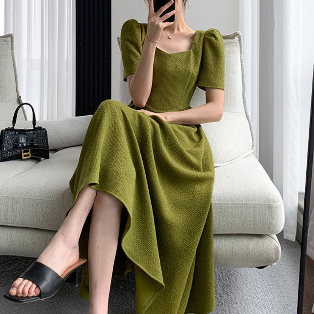 Plus size women's French light familiar style high-end thin square collar dress summer waist waist temperament puff sleeve long skirt