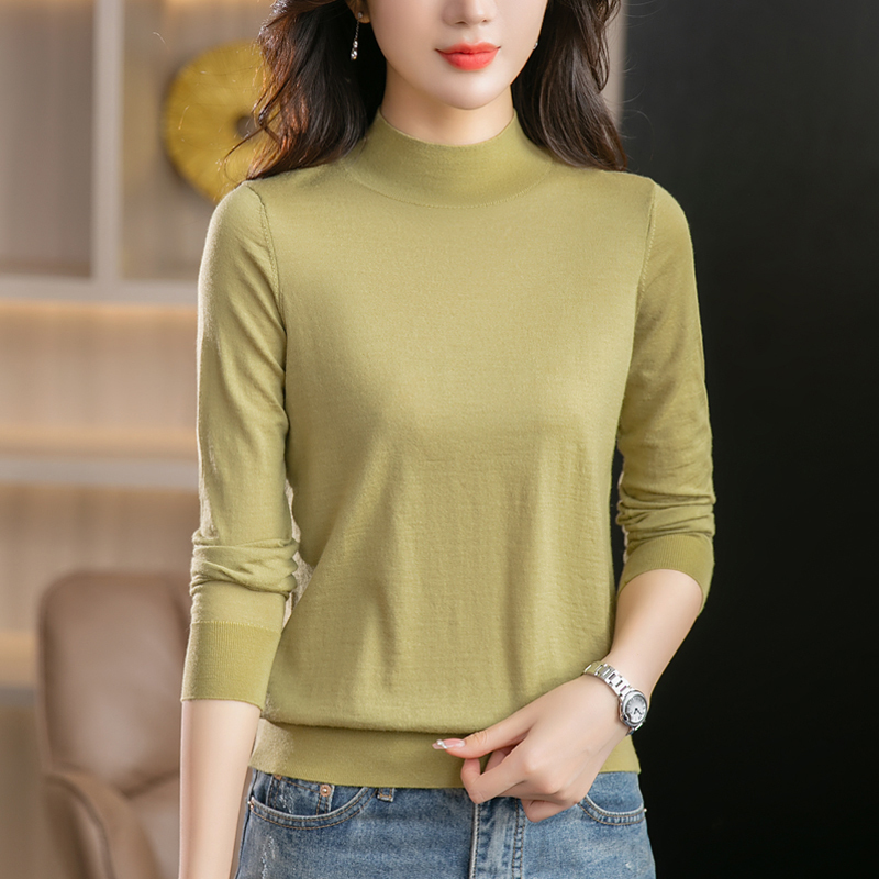 Merino Fine-Spun Ultra-Fine Pure Wool Sweater for Women, Thin Spring and Autumn Inner Layer, Mid-Collar Knitted Base Layer, Half-Turtleneck Sweater