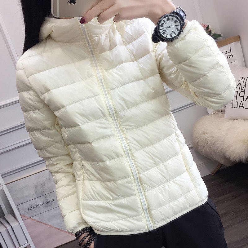 Outdoor autumn and winter short light and thin down clothes liner female light white duck suede large code upright collar warm even cap jacket-Taobao