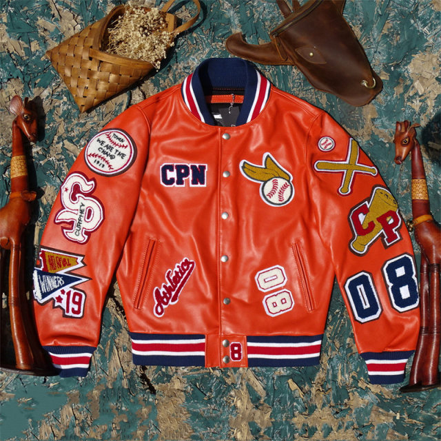 Marsh Orange! Imported first-layer vegetable tanned stiff cowhide leather jacket for men, embroidered multi-label baseball uniform, same style for men and women