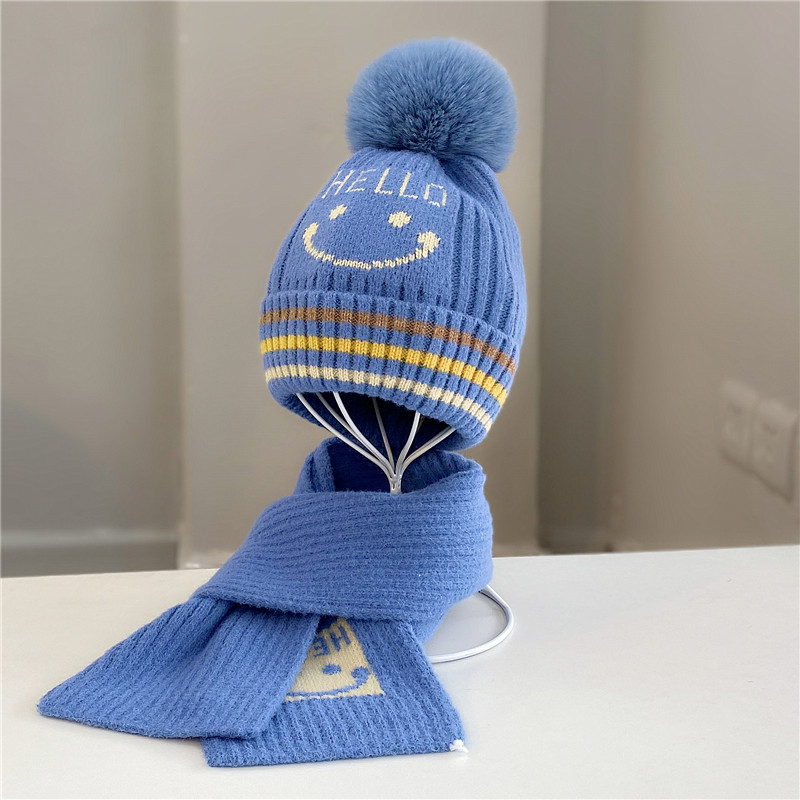 Winter men and women middle and old children wool knit knit hat ear protection set hair ball thick warm hat scarf two-piece set