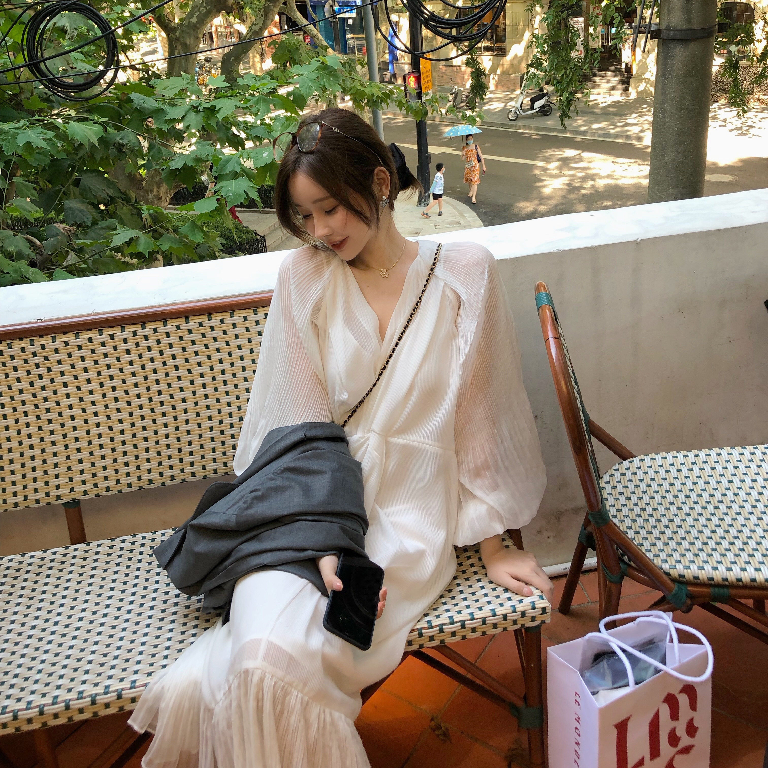 Jill big sister Puglia Puglia lantern sleeve finale design long dress loose solid color temperament dress