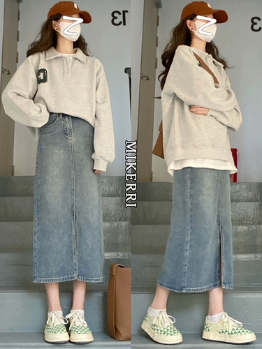 Ретро длинная джинсовая юбка, высокая талия, осенняя, большой размер, средней длины, А-силуэт