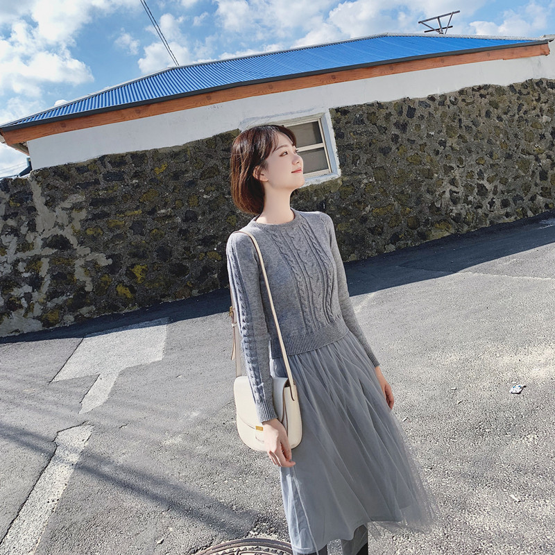 2022 autumn Korean version of fresh and sweet slim knitted dress mid-length sweater skirt long-sleeved bottoming skirt women