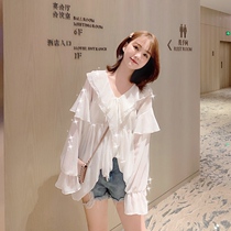 Chiffon shirt 2021 spring and summer new foreign style white shirt flared sleeve doll collar ruffle top shirt women