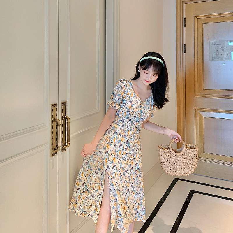 Fan-style foreign dress 2022 Summer new style Gentle Ethos High Waist Display Slim Open Fork Breaking Flowers Snowspun Dresses Fairy long dress