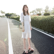 Dress 2021 summer popular super fairy sweet V-neck waist short sleeve lace dress White fairy skirt