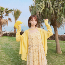 Ice silk sweater womens 2021 spring and summer small fresh yellow loose thin jacket cardigan sunscreen shirt top