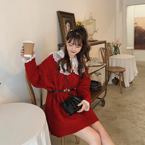 Small winter with high red sweater knitted set thick 2021 new female age-reducing foreign style two-piece set