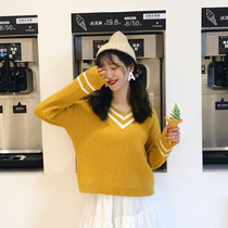 2021 new autumn and winter very fairy sweater pullover lazy wind foreign style wild short V-neck contrast color sweater women