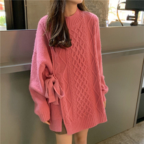 Pink twist sweater autumn and winter 2021 new female Korean version lazy loose slim small man long coat thick