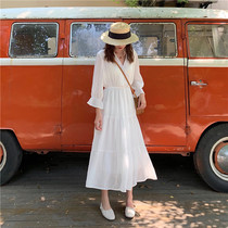 French slim dress 2022 summer new light ripe style V-neck waisted solid color chiffon dress white long skirt women