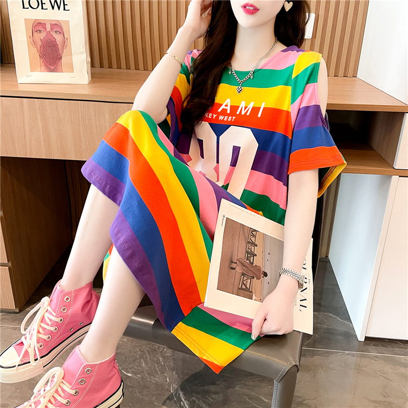 Long, Over-The-Knee, Striped, Off-The-Shoulder Design, Unique and Super Pretty, Butt-Covering Top, Pure Cotton Short-Sleeved T-Shirt Dress