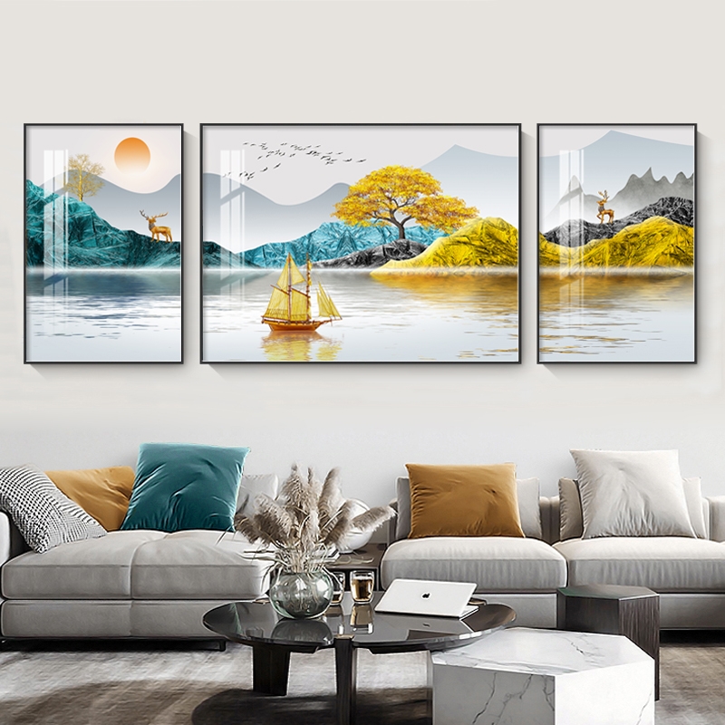 Modern light luxury living room decorative painting background wall hanging painting simple sofa wall triptych crystal porcelain diamond high-end mural