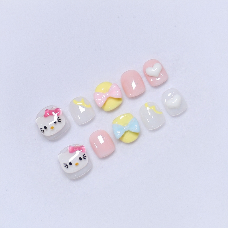 Children's Cute Pink Hello Kitty Short Nail Art with a High-End Feel, Kt Cat Fake Nail Stickers