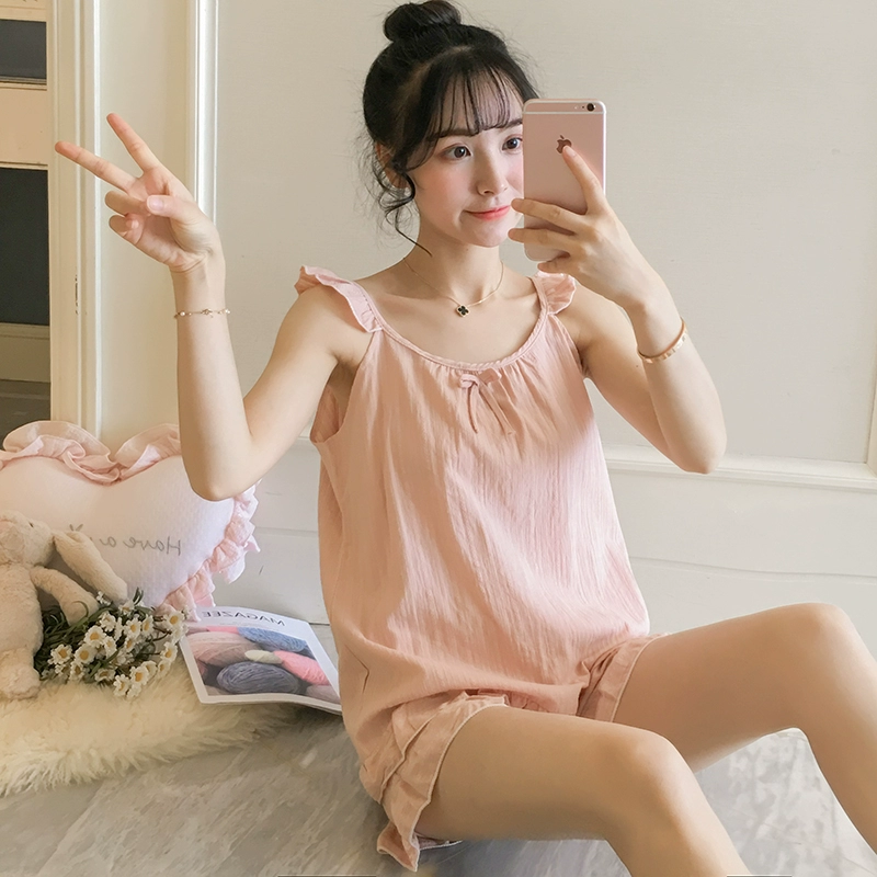 Sling pijama cô gái hai mảnh màu hồng quần đùi mùa hè Nhật Bản phù hợp với nữ mùa hè cotton ngọt ngào và dễ thương phục vụ tại nhà - Cặp đôi