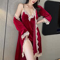 2021 New chest padded sexy pajamas woman autumn and winter Golden Velvet lace hot sling dress two pieces