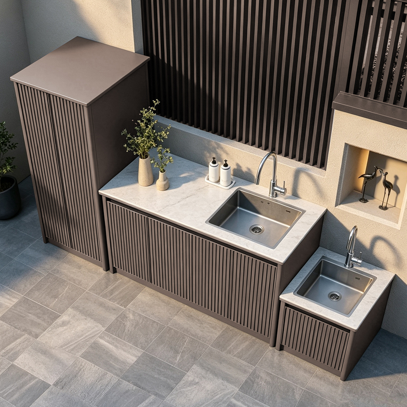 Outdoor Aluminum Alloy Washbasin Cabinet Integrated Basin with Marble Pattern Countertop Balcony Storage Cabinet Courtyard Washstand