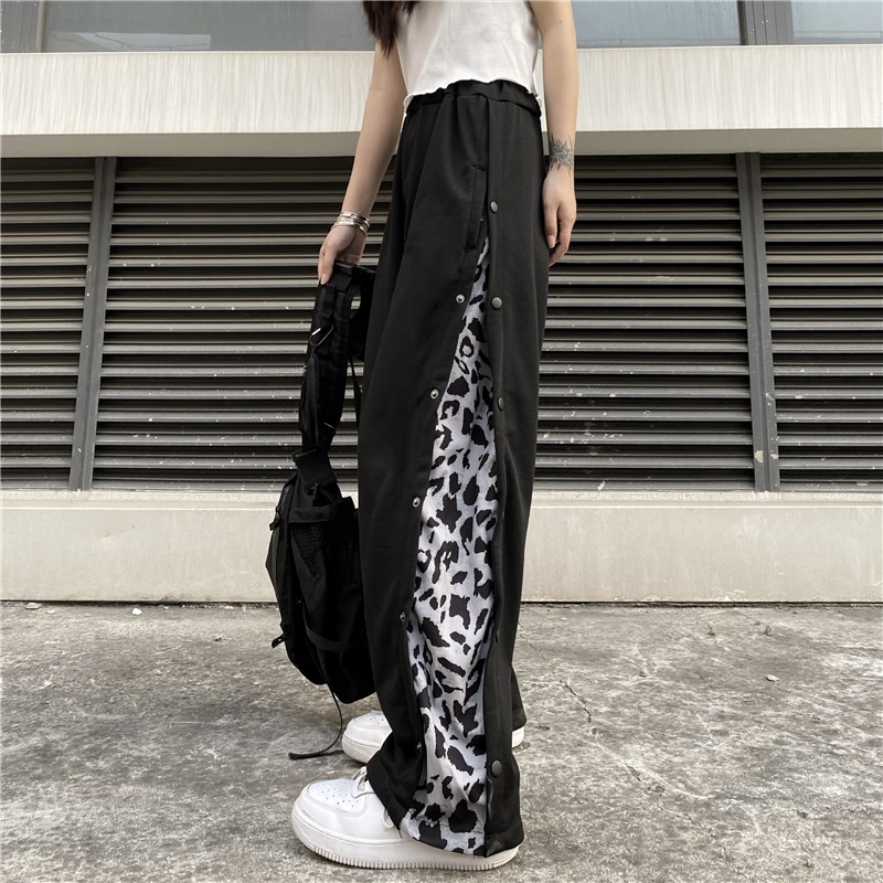 BAO WeN Splicing Casual Pants Woman Summer New Large Size Weight Slim high waist loose straight cylinder Conspicuble Broadleg Sports Pants