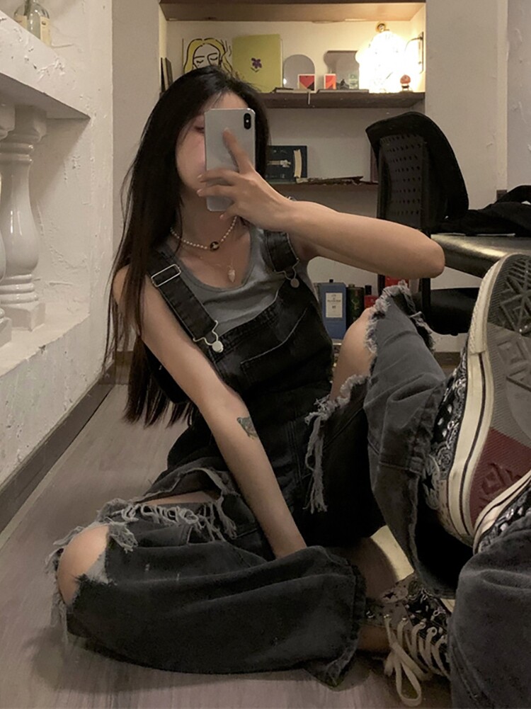 Age reduction temperament high-sense hole jeans strapped pants summer thin large-size design feeling thin street trousers