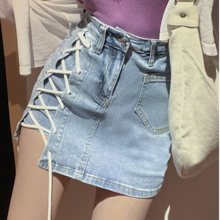 Open Fork Strap Denim Short Skirt Woman Summer New Large Size Size Fat Mm High Waist Display Slim Fit Hip Half Body Dress Hot Girl Skirt
