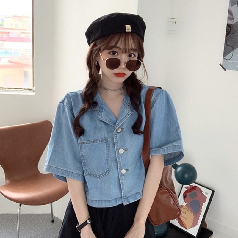 French short-sleeved denim shirt women's loose 2022 summer new large size fat mm short jacket shirt top clothes