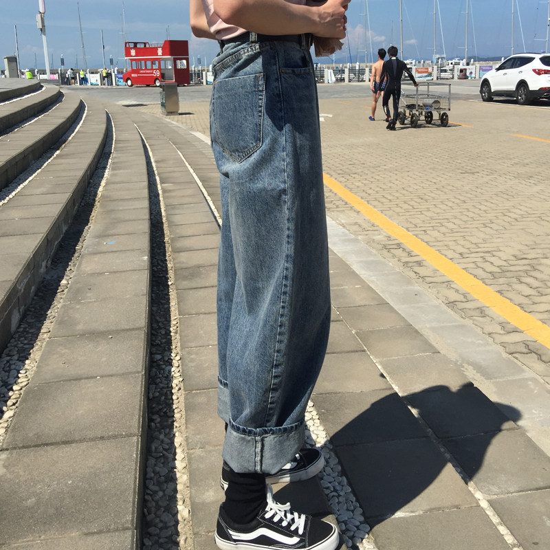 Crotch wide legs thick girls pants fat mm autumn and winter large size wide leg jeans loose Korean version of student bf wild