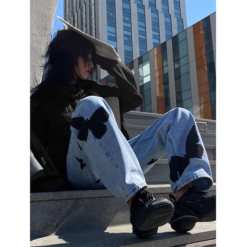 Butterfly jeans women's summer new large size fat mm Korean version loose straight all-match high waist thin wide leg trousers