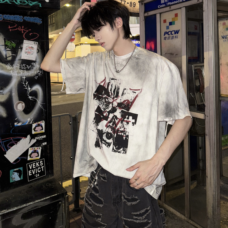 Desaturate Pioneer's Eye Punk Rock Retro Washed Spray Print Loose Short Sleeve T-Shirt