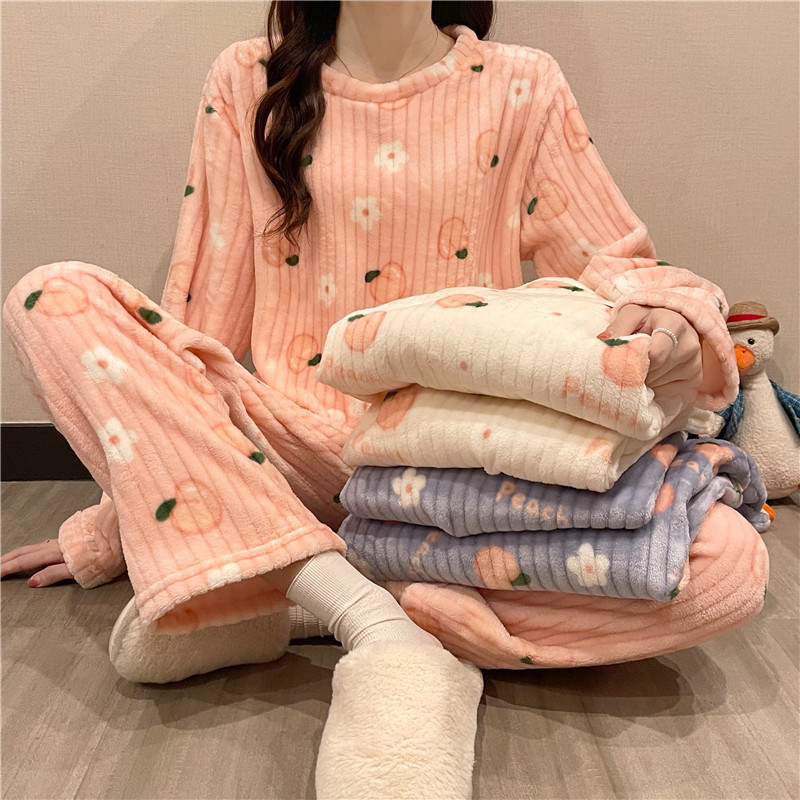 2021 new autumn and winter coral fleece warm and thick home clothes cute peach pajamas fashion large size two-piece suit - Taobao