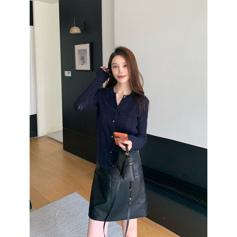 Dabai Dbai【Starlight Sparkle】Solid Color Simple Ribbed Sequin Knit Top for Women, Autumn Design Top Dabai Dbai【Starlight Sparkle】Solid Color Simple Ribbed Sequin Knit Top for Women, Autumn Design Top