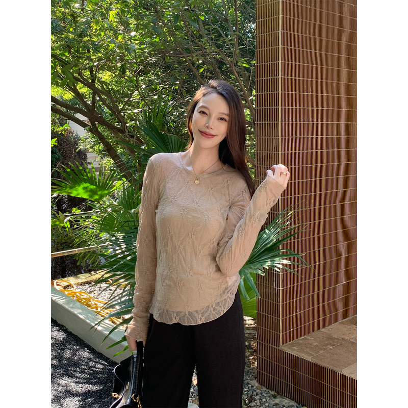 Dabai【Lace Hollow Out】Lace Three-Dimensional Jacquard Long Sleeve Base Shirt for Women, Autumn Versatile Casual Top Dabai【Lace Hollow Out】Lace Three-Dimensional Jacquard Long Sleeve Base Shirt for Women, Autumn Versatile Casual Top