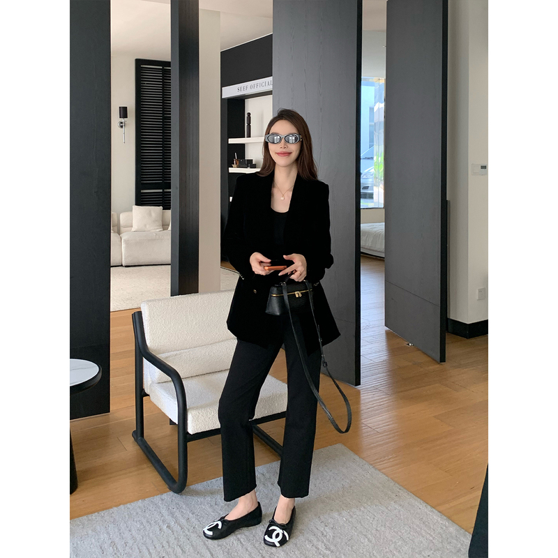 Dabai Dbai [Black Gold Smoking Suit] Black Notch Lapel Loose Velvet Blazer Women's Autumn Smoking Suit Jacket