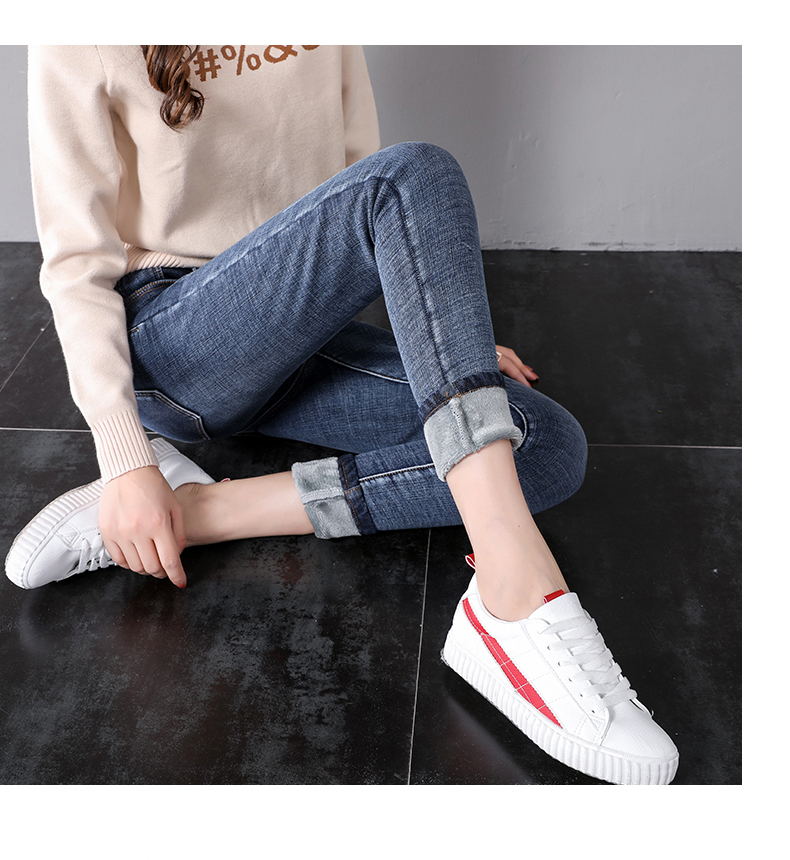 2018 phiên bản Hàn Quốc mới của quần jeans nữ đã mỏng eo cao kéo dài mùa thu và mùa đông chín điểm cộng với quần nhung dày mặc chân quần jeans nữ