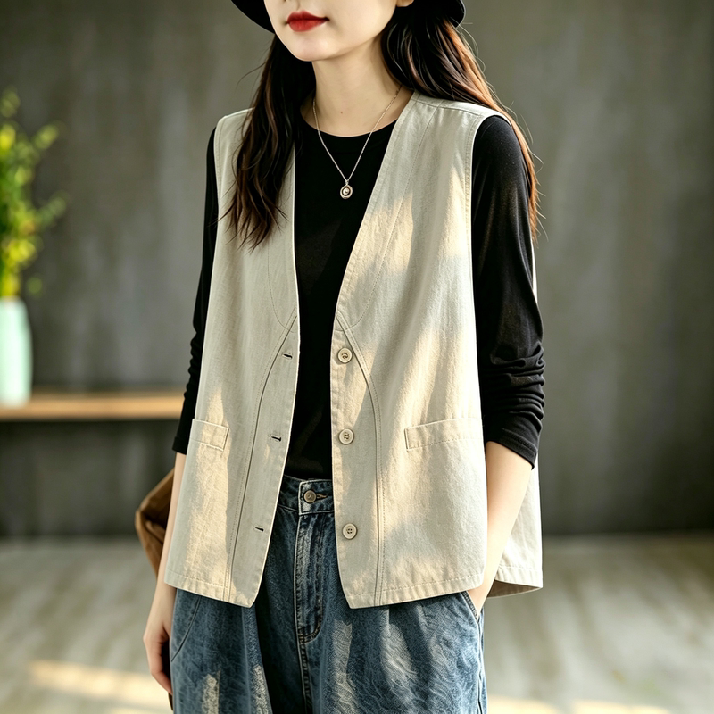 Japanese-Style Artistic V-Neck Vest for Women, Short Jacket, Stylish and Age-Reducing, Thin Sleeveless Cardigan for Spring and Autumn, Versatile Vest