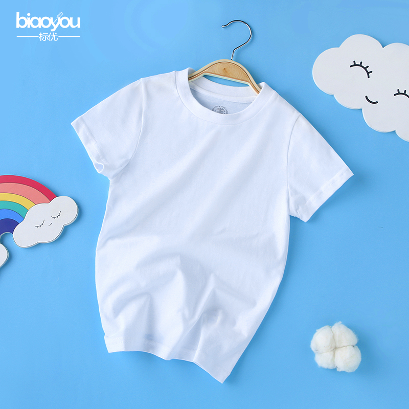 Children's white T-shirt short sleeves crew neck cotton summer boys and girls middle and older children custom group purchase primary school uniforms