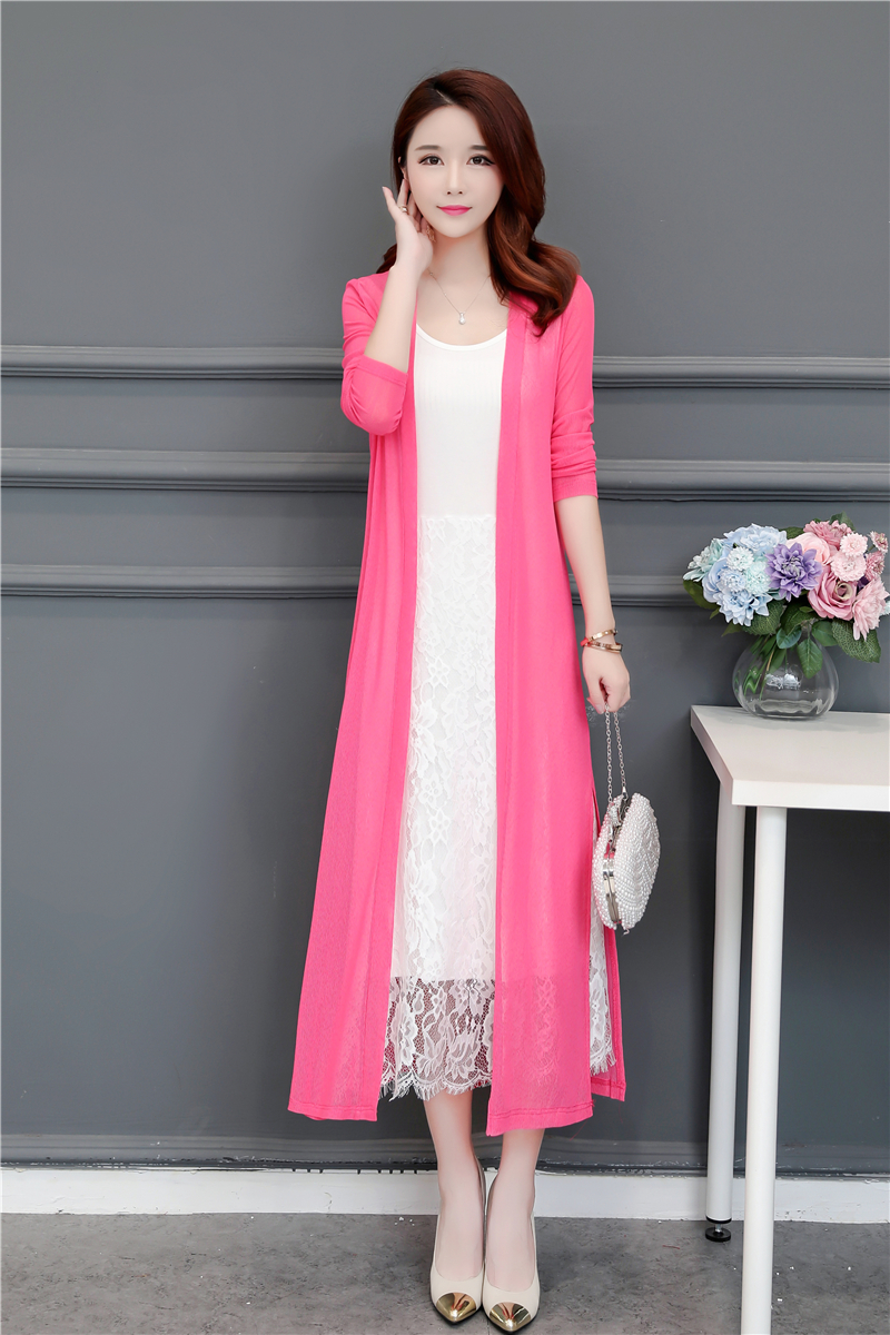 Mùa hè mới tay dài phần mỏng áo chống nắng cardigan bên ngoài áo choàng qua đầu gối dài khăn choàng lụa dệt kim áo khoác nữ áo len nữ cổ cao