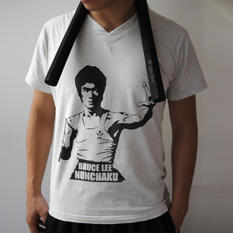 2016 Lingyun new V-neck flower gray Bruce Lee face short-sleeved T-shirt Lingyun stick road