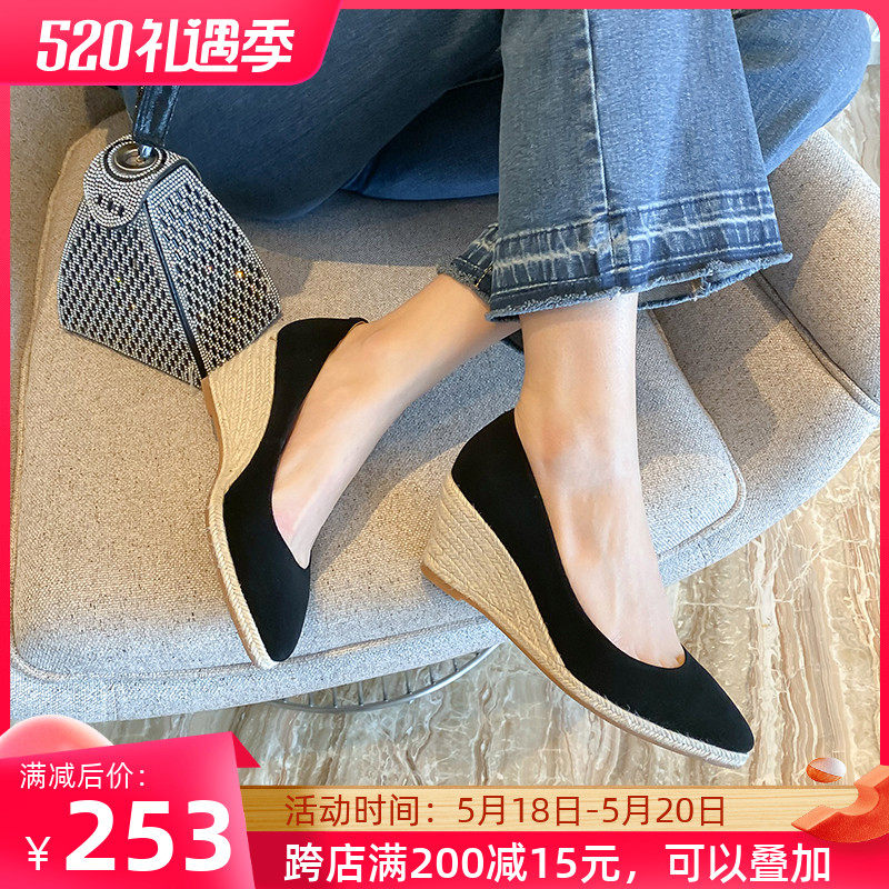 Wedge Type Single Shoe Woman Genuine Leather 2022 New Pointed Pine Pastry Shoes Children Spring Autumn Thick Base Grass Choreography Heels Black Almond Color