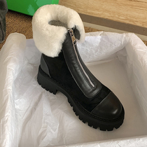 Front zipper booties Leather boots womens winter velvet thick bottom Martin Boots Lamb hair snow boots large cotton shoes women